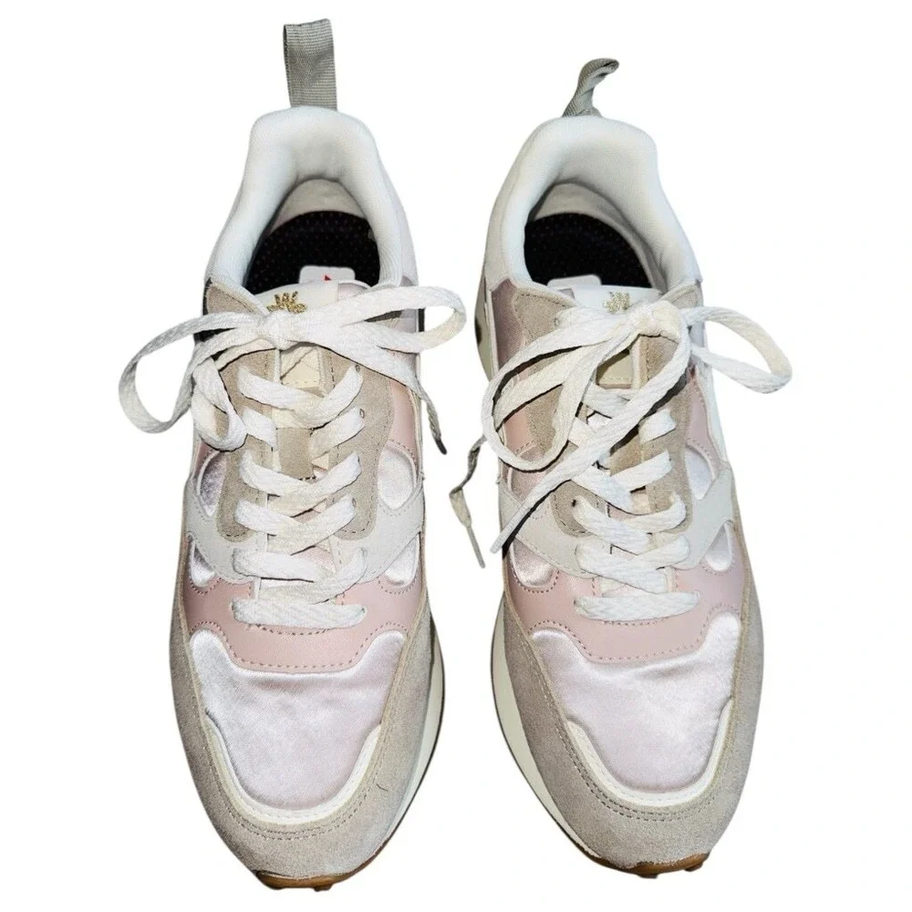 W6YZ Just Say Wizz Pink Satin Beige Suede Women's Lace Up Sneakers Size 7 NWOB